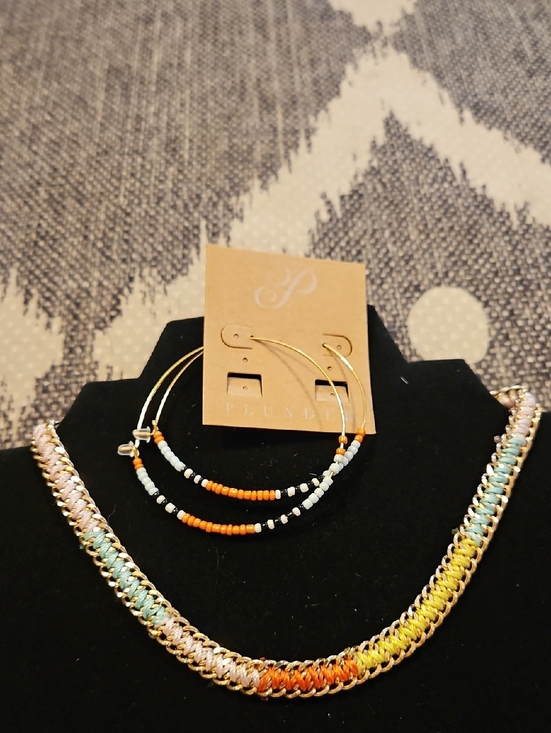 Plunder Jewelry - Plunder Multicolor  Necklace and Hoop Earring Set - Gold Accents